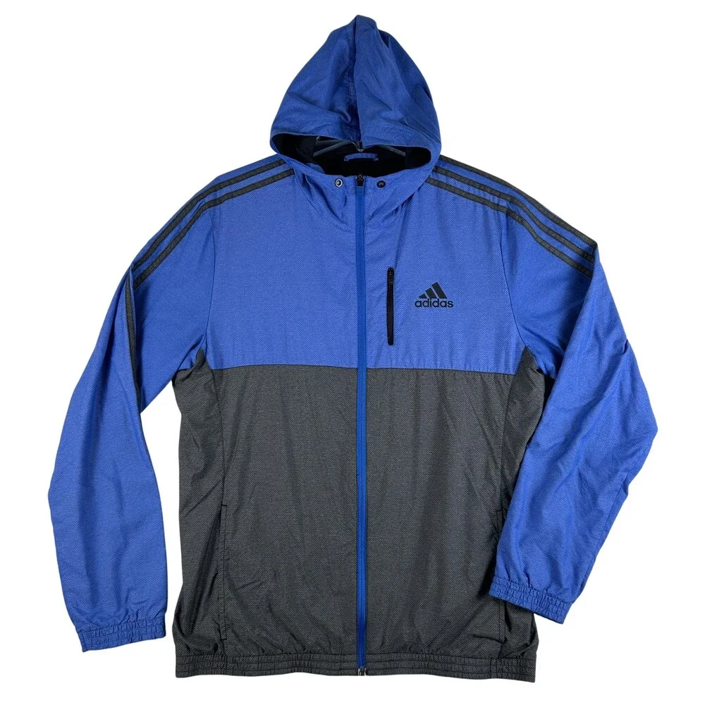 Adidas Jacket Mens Medium Blue Gray Hooded 3 Stripes Windbreaker Zip Up Athletic